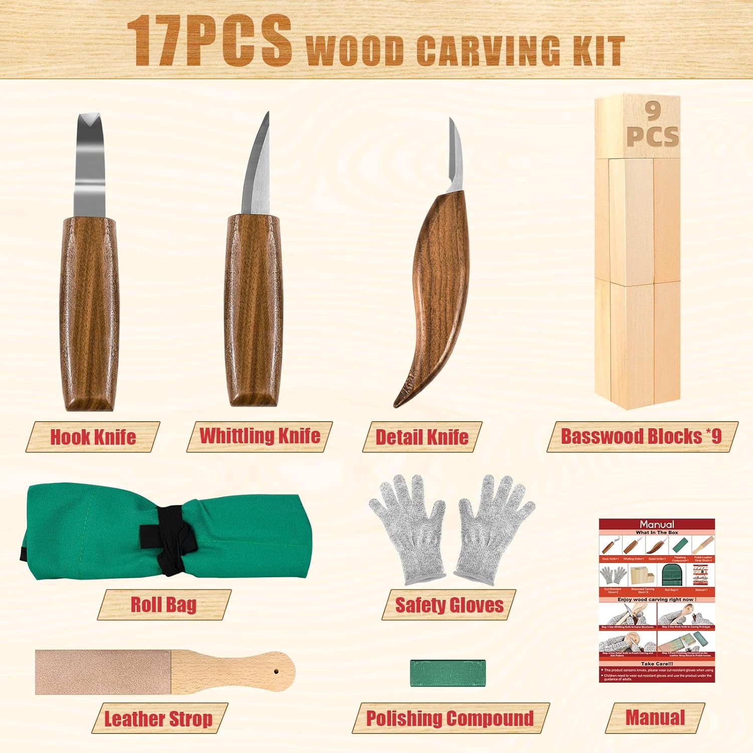 Wood Carving Kit, Whittling Kit for Beginners 17PCS Wood Carving Tools with 3PCS Whittling Knife 9PCS Basswood Blocks & Gloves & Strop Block & Polishing Compound Wood Carving Set Hobbies for Adults - Image 2