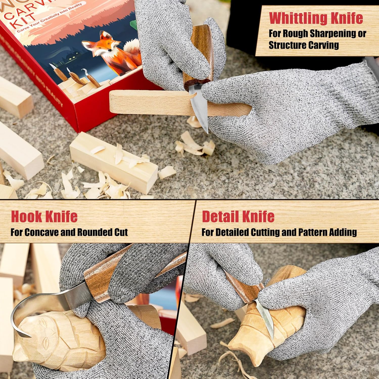 Wood Carving Kit, Whittling Kit for Beginners 17PCS Wood Carving Tools with 3PCS Whittling Knife 9PCS Basswood Blocks & Gloves & Strop Block & Polishing Compound Wood Carving Set Hobbies for Adults - Image 4